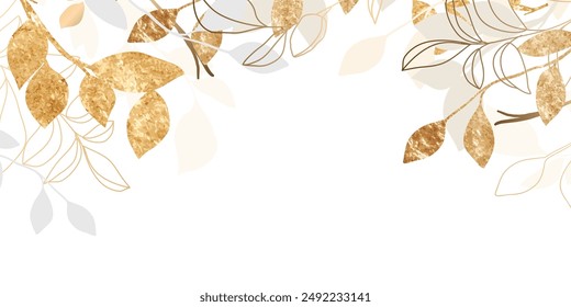 Luxury golden foliage line art on white background vector. Natural botanical elegant leaves with gold foil texture. Design illustration for decoration, wall decor, wallpaper, cover, banner.