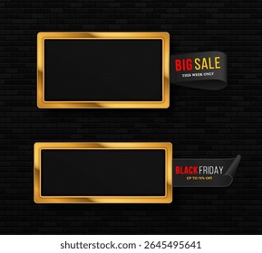 Luxury golden frame for Black Friday advertise. Modern black banner with discount tags, ribbons, and badges.