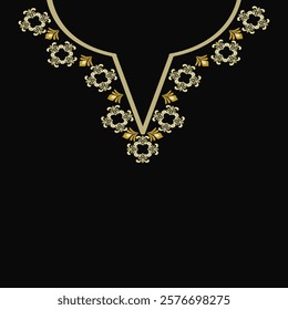 Luxury golden frame with floral elements on a black background. Ikat embroidery necklace design for shirts and tops.