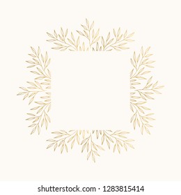 Luxury golden frame for invite and certificate. Summer wedding design. Foliage borders. Vector isolated illustration.