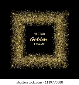 Luxury golden frame on black background. Gold glitter square. Template with glitter for logo, greetind and birthday card, certificate, gift voucher and covers.