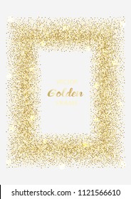 Luxury golden frame on white background. Gold glitter rectangular. Template with glitter for logo, greetind and birthday card, certificate, gift voucher and covers.