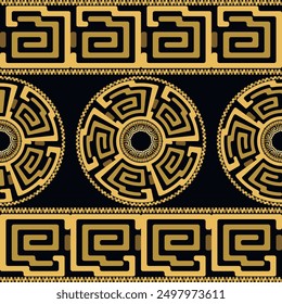 Luxury golden frames borders seamless pattern with traditional chinese style mazes, meanders, circles. Beautiful tribal ethnic gold border frame ornaments on black background. Vector endless texture.