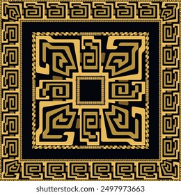 Luxury golden frames borders seamless pattern with traditional chinese style mazes, meanders, zipper. Beautiful tribal ethnic gold border frame ornaments on black background. Vector endless texture.