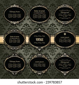 Luxury golden frames and labels set on damask.