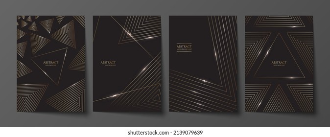 Luxury golden geometric A4 templates set. Collection of black premium backgrounds design with elegant gold striped triangles with shiny borders for invitation, brochure, card or notebook cover