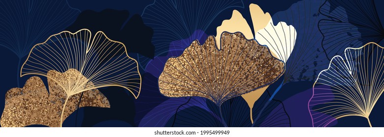 Luxury golden Ginkgo leaf  background wall art vector design home decorate , Autumn and fall wallpaper