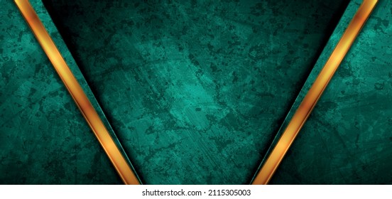 Luxury golden glossy stripes on green grunge background. Abstract corporate geometric vector design