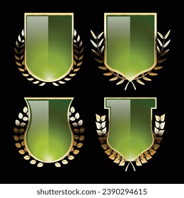 Luxury golden green shield badges and labels. Retro vintage heraldic shield badge design