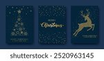 Luxury golden greeting card with Merry Christmas and Happy New Year. Christmas tree, deer made of gold foil on dark blue background. Vector illustration for cover, print, poster, advertising design.