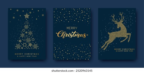 Cartão de saudação de ouro de luxo com Feliz Natal e Feliz Ano Novo. Árvore de Natal, veado feito de folha de ouro sobre fundo azul escuro. Ilustração vetorial para capa, impressão, cartaz, design de publicidade.