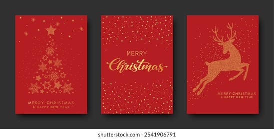 Luxury golden greeting card with Merry Christmas and Happy New Year. Christmas tree, deer made of gold foil on a red background.