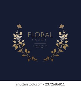 Flor de oro de lujo, adornada con un marco de silueta. Elegante corona vintage. Ilustración vectorial para etiqueta, identidad corporativa, marca, invitación a boda, tarjeta de saludo, guardar la fecha