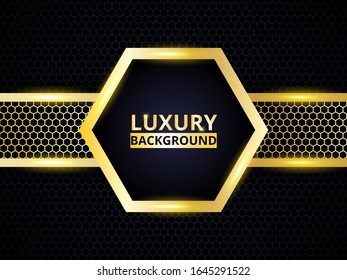 Luxury golden hexagonal background design. Modern abstract carbon fiber background with golden luminous shapes, stripes and highlights on a carbon grid.