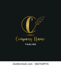 Luxury golden initial c letter with feather. Writing, art, copywrite business logo  concept