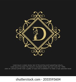 Luxury Golden Initial D Letter with Ornamental Flourished Frame for Hotel, Restaurant, Jewelry, Boutique, Cosmetic, Salon and Spa, Wedding Business Logo Design Concept