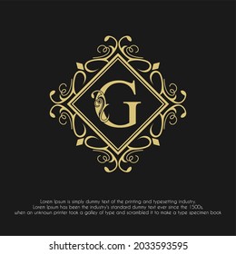 Luxury Golden Initial G Letter with Ornamental Flourished Frame for Hotel, Restaurant, Jewelry, Boutique, Cosmetic, Salon and Spa, Wedding Business Logo Design Concept