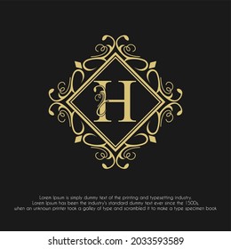 Luxury Golden Initial H Letter with Ornamental Flourished Frame for Hotel, Restaurant, Jewelry, Boutique, Cosmetic, Salon and Spa, Wedding Business Logo Design Concept