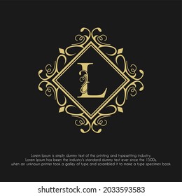 Luxury Golden Initial L Letter with Ornamental Flourished Frame for Hotel, Restaurant, Jewelry, Boutique, Cosmetic, Salon and Spa, Wedding Business Logo Design Concept