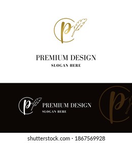 Luxury golden initial p letter with feather. Writing, art, copywrite business logo  concept