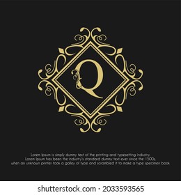 Luxury Golden Initial Q Letter with Ornamental Flourished Frame for Hotel, Restaurant, Jewelry, Boutique, Cosmetic, Salon and Spa, Wedding Business Logo Design Concept