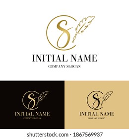 Luxury golden initial s letter with feather. Writing, art, copywrite business logo  concept