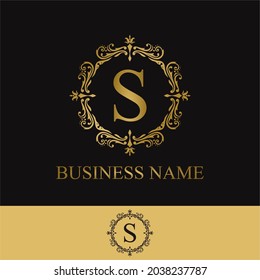 Luxury Golden Initial S Letter with Ornamental Flourished Frame for Hotel, Restaurant, Jewelry, Boutique, Cosmetic, Salon and Spa, Wedding Business Logo Design Concept
