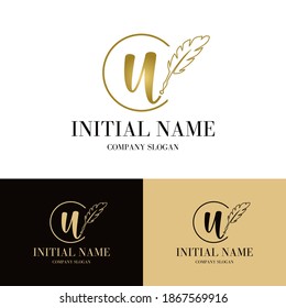 Luxury golden initial u letter with feather. Writing, art, copywrite business logo  concept