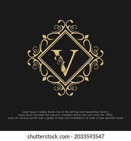 Luxury Golden Initial V Letter with Ornamental Flourished Frame for Hotel, Restaurant, Jewelry, Boutique, Cosmetic, Salon and Spa, Wedding Business Logo Design Concept