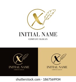 Luxury golden initial x letter with feather. Writing, art, copywrite business logo  concept