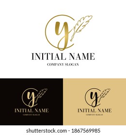Luxury golden initial y letter with feather. Writing, art, copywrite business logo  concept