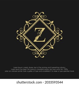 Luxury Golden Initial Z Letter with Ornamental Flourished Frame for Hotel, Restaurant, Jewelry, Boutique, Cosmetic, Salon and Spa, Wedding Business Logo Design Concept