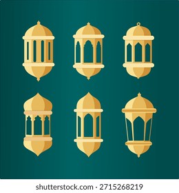 Luxury Golden Islamic Lantern Vector Illustration for Ramadan Kareem, Arabic Hanging Lamp Ornament Set, Editable Islamic Background Decoration