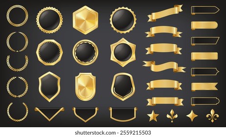 Luxury golden labels elements. Premium quality gold badges stickers, vintage metal award seal icons for certificate, best choice emblem. Vector collection.