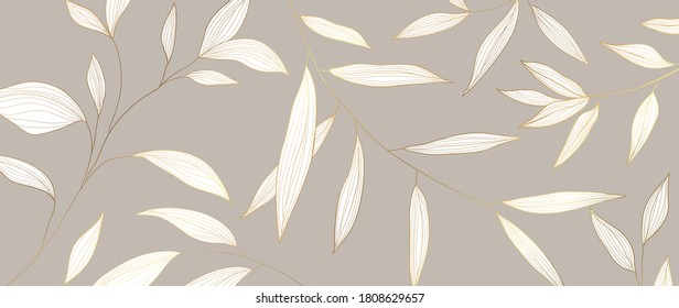 Luxury Golden Leaf Art Deco Wallpaper. Nature Background Vector. Floral Pattern With Tropical Plant Line Art On Trendy Color Background. Vector Illustration.