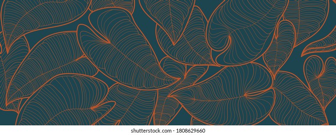 Luxury Golden leaf art deco wallpaper. Nature background vector. Floral pattern with tropical plant line art on trendy color background. Vector illustration.