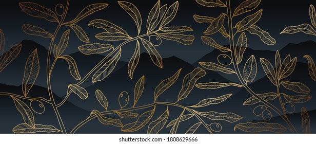 Luxury Golden Leaf Art Deco Wallpaper. Nature Background Vector. Floral Pattern With Tropical Plant Line Art On Mountain Background. Vector Illustration.