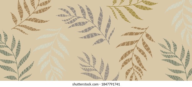 Luxury Golden leaf art deco wallpaper. Nature background vector. Floral pattern with tropical plant line art on mountain background. Vector illustration.