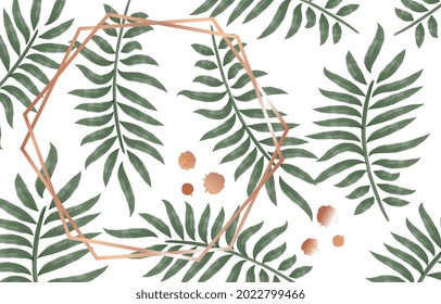 Luxury golden leaf art deco wallpaper on white background. Floral pattern with tropical plant line art on trendy color template for creative use. Flat cartoon vector illustration