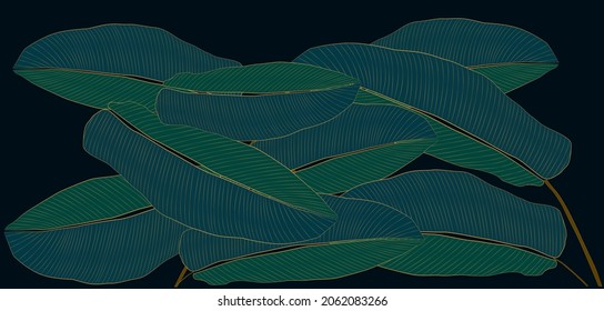 luxury golden leaf art deco wallpaper. elegance tropical background design style with golden  leaves linear design. 