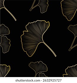 Luxury Golden Leaf Line Art Seamless Pattern on Black Background