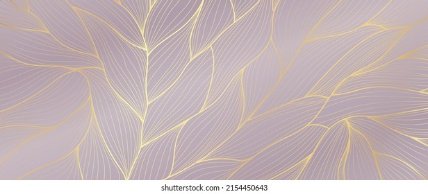 Luxury golden leaf vector background. Foliage wallpaper design with gold line art on dark background, hand drawn leaves. Elegant and shining line design illustration perfect for decorative, prints.