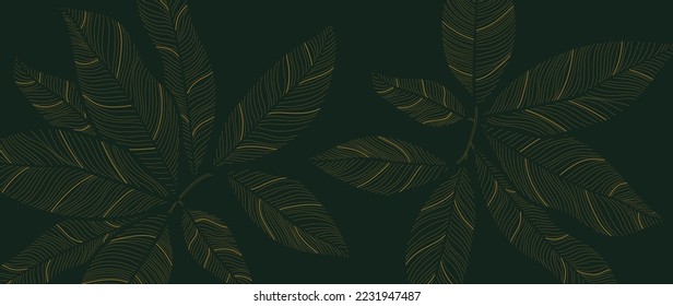 Luxury golden leaves line art background vector. Natural tropical leaf gold line art on dark background. Design illustration for decoration, wall decor, wallpaper, cover, banner, poster, card.
