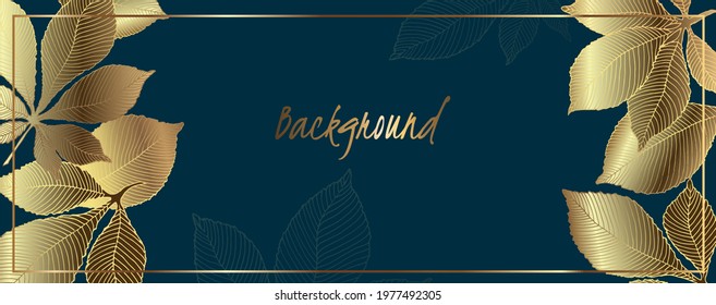 Luxury golden leaves vector wallpaper. Golden chestnut leaves and green emerald background. Vector illustration.