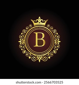 Luxury golden letter  B monogram with a royal crown and ornate floral frame on a dark background  
