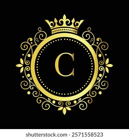 Luxury Golden Letter C Logo Design with Decorative Crown and Floral Patterns for Premium Branding  
