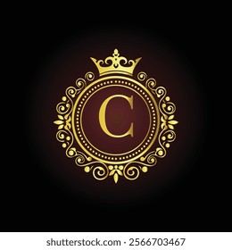 Luxury golden letter C monogram with a royal crown and ornate floral frame on a dark background  
