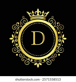 Luxury Golden Letter D Logo Design with Decorative Crown and Floral Patterns for Premium Branding  
