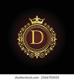 Luxury golden letter D monogram with a royal crown and ornate floral frame on a dark background  
