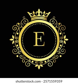 Luxury Golden Letter E Logo Design with Decorative Crown and Floral Patterns for Premium Branding  
